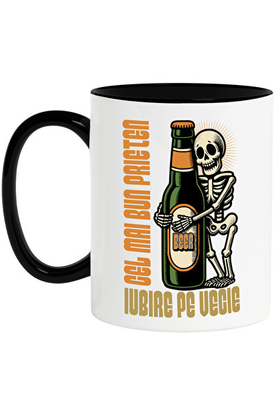 StoryGift Romania Cana Schelete si sticla de bere cei mai buni prieteni, 330ml, Ceramica cu Maner , Cu Maner Negru