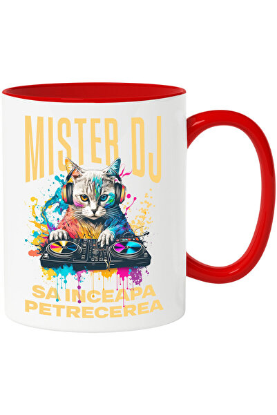 StoryGift Romania Cana cu Motan Cu Casti Audio DJ Text sa Inceapa Distractia, Petrecere Muzica, Zi, Cu Maner Rosu