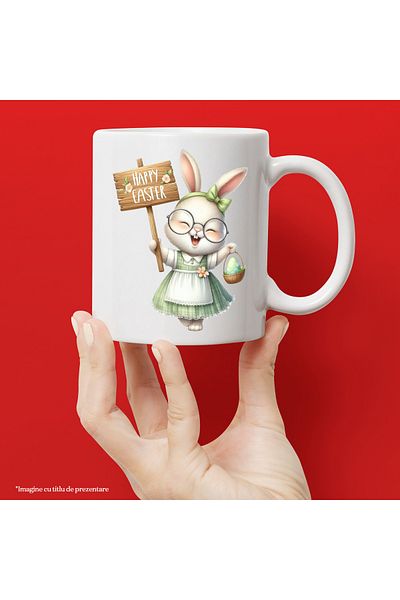 StoryGift Romania Cana cu o iepuroaica in rochita, ilustratie, Paste fericit, mesajul "Happy Easte, Cu Maner Alb