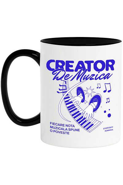 StoryGift Romania Mug with Human Hands Playing the Piano Keys Hobby Text in Romanian Creator DE, With Black Handle
