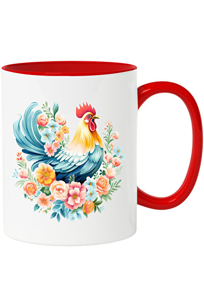 StoryGift Romania Cana cu un cocos | ilustratie | floricele | diferite culori | pasare | natura | , Cu Maner Rosu