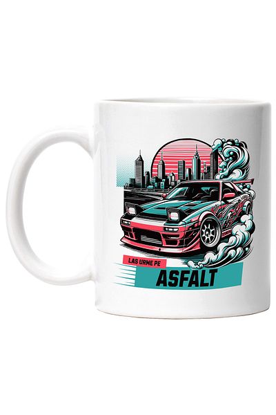 StoryGift Romania Cana las urme pe asfalt masina de curse ilegale viteza, 330ml, Ceramic cu Maner , Cu Maner Alb