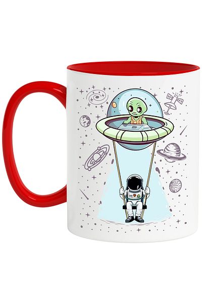 StoryGift Romania Cana cu un astronaut care se da intr-un leagan atasat de o farfurie zburatoare |, Cu Maner Rosu