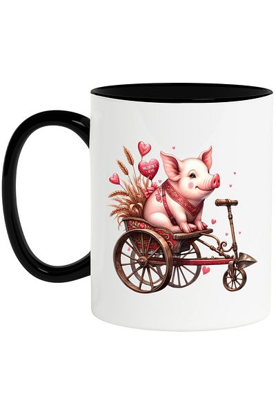 StoryGift Romania Mug with a pig on a tricycle, wheat, hearts, affection, illustration, ves, With ,STG