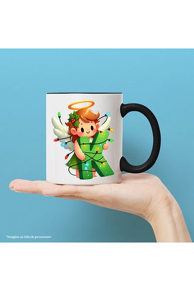 StoryGift Romania Cana cu o fetita cu aripi de ingeras care tine litera "K" | ilustratie | luminit, Cu Maner Negru