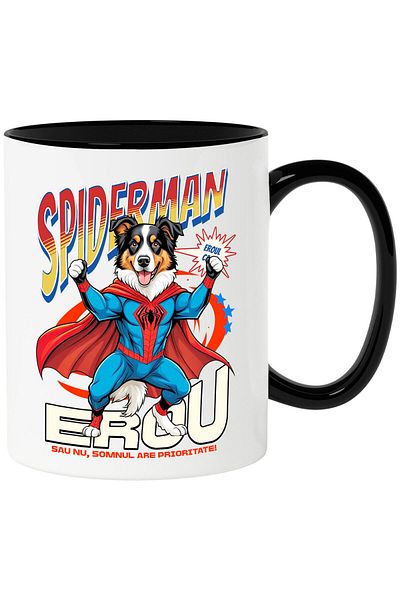 StoryGift Romania Cana cu Ciobănesc Australian / Australian Shepherd Caine In Costum de SpiderMan , Cu Maner Negru
