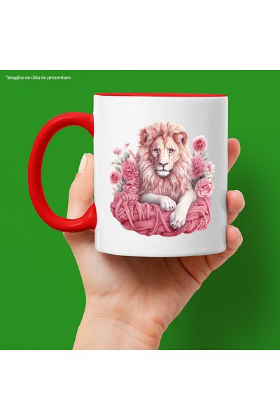 StoryGift Romania Cana Cu Un Leu | Ilustratie | Floricele | Roz | Lana | Serios | Animal Salbatic , Cu ,stg