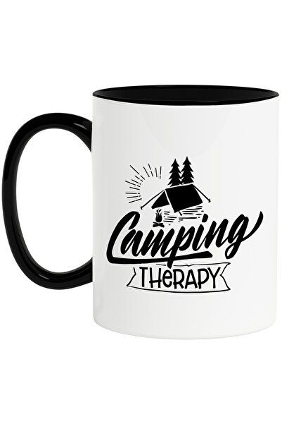 StoryGift Romania Cana cu un cort si brazi cu mesajul "Camping therapy" - terapie de camping/tabar, Cu Maner Negru