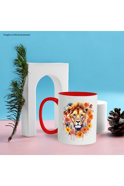 StoryGift Romania Lion Head Mug, Roses, Flowers, Leaves, Watercolor, Multicolor 330 ml, Ce, Cu, STG
