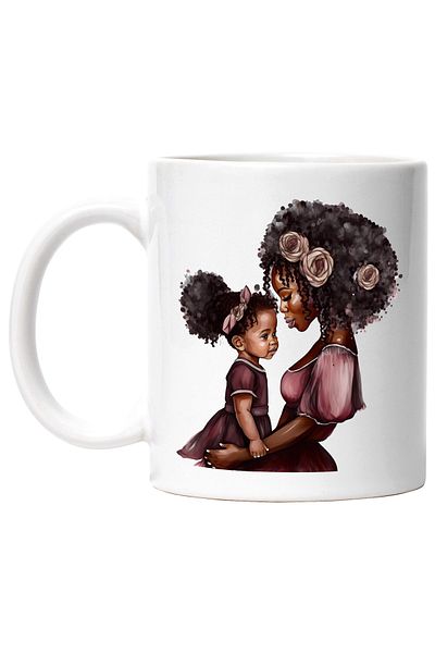 StoryGift Romania Cana cu o mama de culoare care isi tine in brate fetita | ilustratie | floricele, Cu Maner Alb