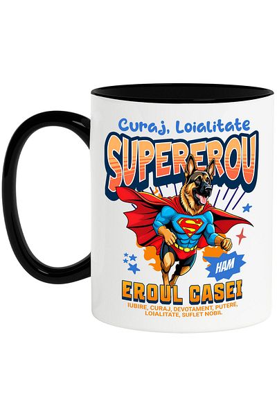 StoryGift Romania Cana cu Ciobănesc German / German Shepherd Caine In Costum de SuperMan cu Peleri, Cu Maner Negru