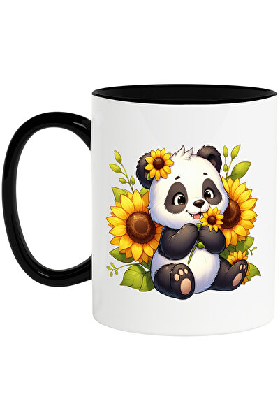 StoryGift Romania Cana cu un urs Panda, ilustratie, flori de floarea-soarelui...