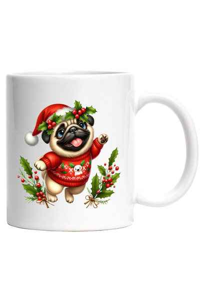 StoryGift Romania Cana cu un catel Pug care poarta o caciula de Craciun | ilu...