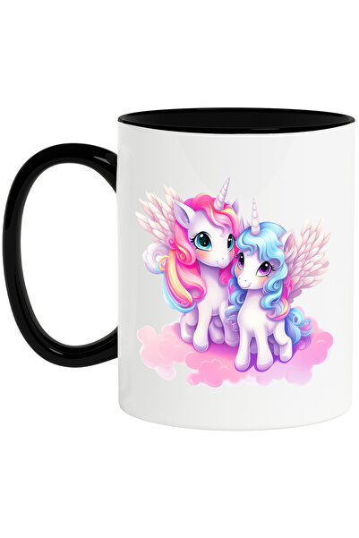 StoryGift Romania Cana cu 2 unicorni | ilustratie | zambesc | aripi | nori | creaturi mitice | ani, Cu Maner Negru