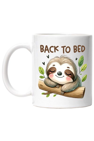 StoryGift Romania Sloth animal mug with the message "Back to bed", illustration, funny, laugh, with white handle