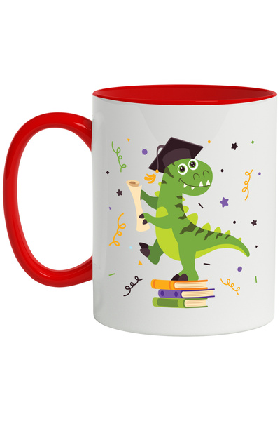 StoryGift Romania Cana Cu Dinozaur, Diploma, T-Rex, Palarie, Confeti, Scoala, Absolvire, Multicolo, Cu Maner Rosu