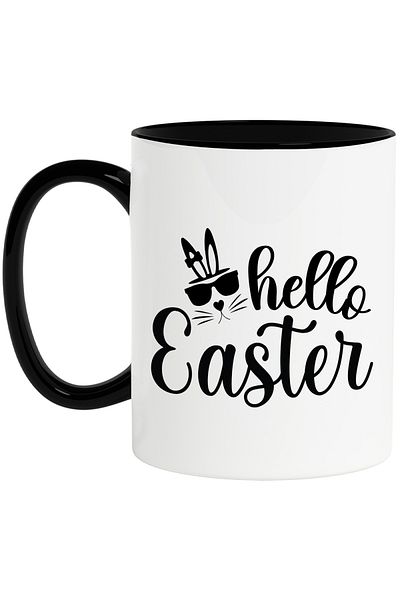 StoryGift Romania Cana cu iepure cu ochelari si textul "Hello, Easter" - Paste cu Maner Negru, Cu Maner Negru