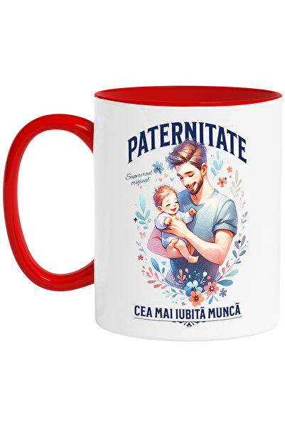 StoryGift Romania Cana Paternitate_ Supereroul original cea mai iubita , 330ml, Ceramic cu Maner R, Cu Maner Rosu