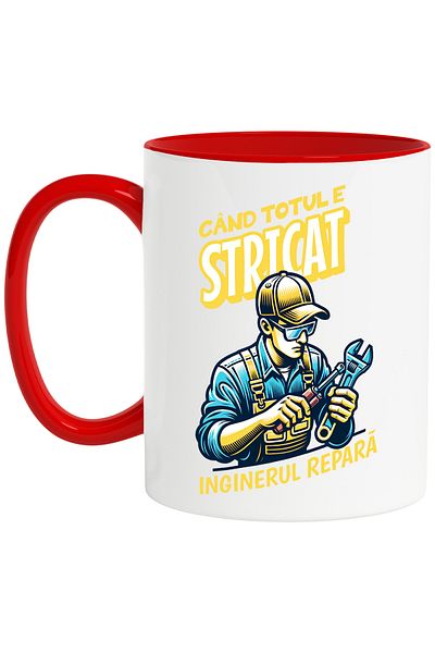 StoryGift Romania Cana Barbat cu Casca De Protectie Cand totul e stricat, inginerul repara, 330ml,, Cu Maner Rosu