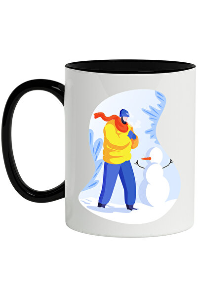 StoryGift Romania Cana Cu Om De Zapada, Fular, Iarna, Manusi, Multicolor 330 ml, Ceramica cu Maner, Cu Maner Negru