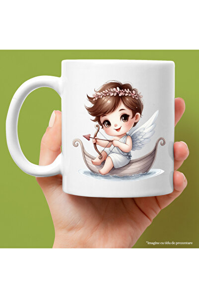 StoryGift Romania Cana cu un bebelus Cupidon vesel | ilustratie | trage cu arcul | aripi | indrago, Cu Maner Alb
