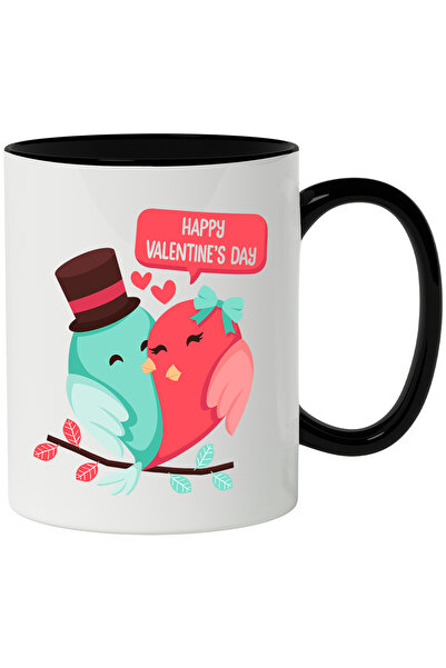 StoryGift Romania Cana Cu Mesaj In Engleza Happy Valentine's Day, Inima, Pasari, Creanga, Multicol, Cu Maner Negru