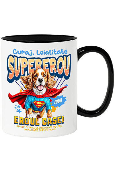 StoryGift Romania Cana cu Cocker Spaniel Caine In Costum de SuperMan cu Pelerina, Erou Nocturn, De, Cu Maner Negru