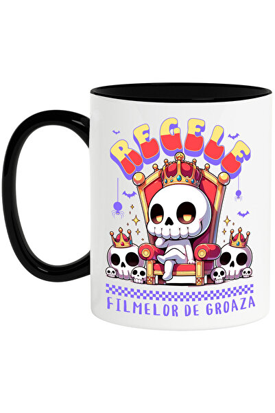 StoryGift Romania Cana cu Schelete Craniu Uman Cu Coroana Regala Tron Rosu Text Regele Filmelor De, Cu Maner Negru