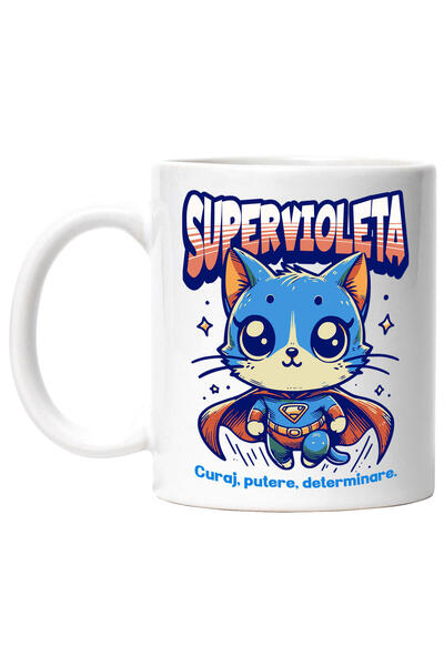 StoryGift Romania Cana cu Pisica Albastra Costum Super Erou Cu pelerina Text SuperVioleta Curaj Pu, Cu Maner Alb