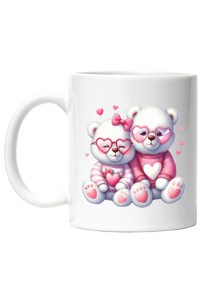 StoryGift Romania Cana cu o ursoaica si un urs | albi | ilustratie | inimioare | iubire | afectiun, Cu Maner Alb