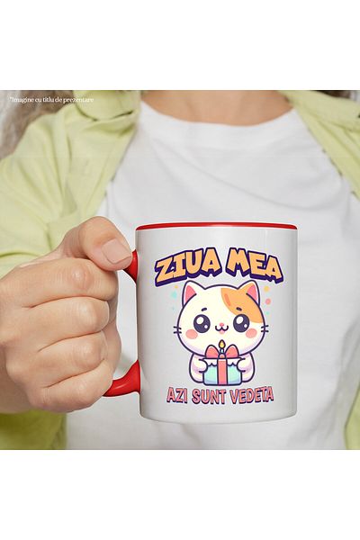 StoryGift Romania Mug with Pink Cat with Cake with Bow and Candle Text in Romanian Today I Am, With, STG