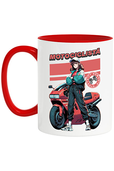 StoryGift Romania Cana motociclista fata gata de ture noaptea motor viteza, 330ml, Ceramic cu Mane, Cu Maner Rosu