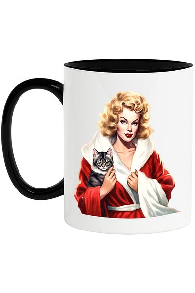 StoryGift Romania Mug with a woman holding a cat, illustration, blonde, capod, white and red with M, Cu, STG