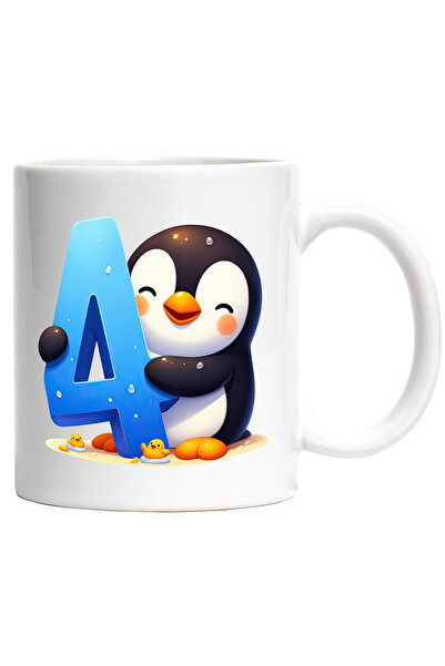 StoryGift Romania Cana cu un pinguin vesel care tine cifra "4" | ilustratie |...