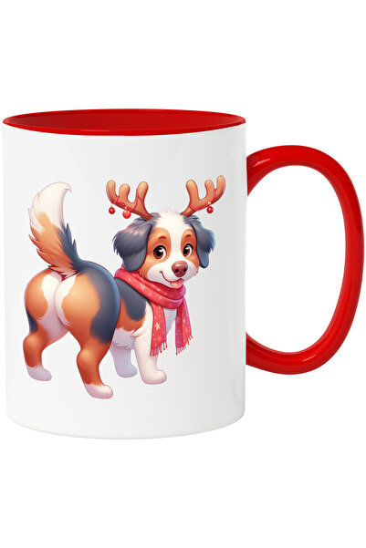 StoryGift Romania Cana cu un catel vesel care poarta coarne de ren | ilustratie | fular | iarna | , Cu Maner Rosu