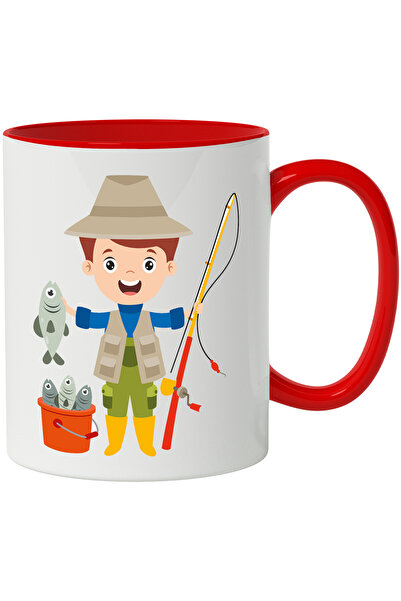 StoryGift Romania Cana Cu Pescar, Pescuit, Lanseta, Peste, Galeata, Sapca, Multicolor 330 ml, Cera, Cu Maner Rosu