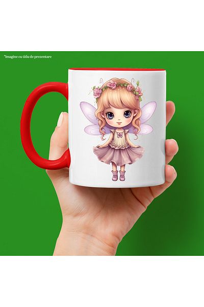 StoryGift Romania Cana cu o fetita dragalasa cu aripi de zana | ilustratie | imbujorata | coronita, Cu Maner Rosu