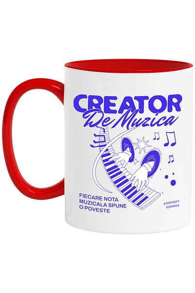 StoryGift Romania Mug with Human Hands Playing the Piano Keys Hobby Text in Romanian Creator DE, With Red Handle