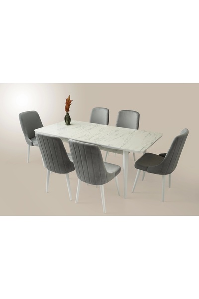 Evistro Kelebek Marmo Ahşap Salon Yemek Masa Takımı 6 Sahra Sandalyeli Ortada...