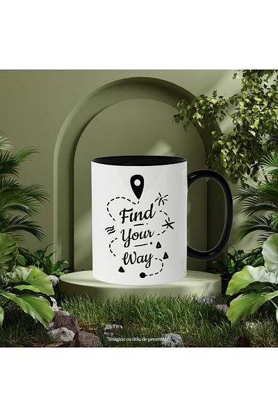StoryGift Romania Cana Cu Mesaj In Engleza Find Your Way, Mapa, Pin, Drum, Alb Negru 330 ml, Ceram, Cu Maner Negru