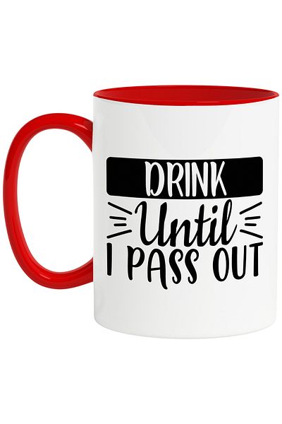 StoryGift Romania Cana cu textul in engleza "Drink until I pass out" - beau pana cand lesin cu Man, Cu Maner Rosu