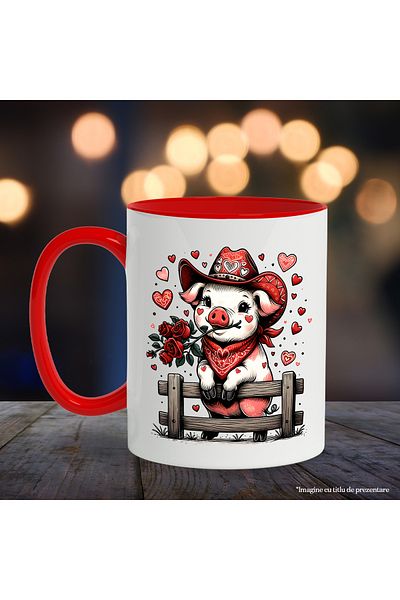 StoryGift Romania Mug with cheerful and cute piglet, illustration, love, hearts, roses, With ,STG