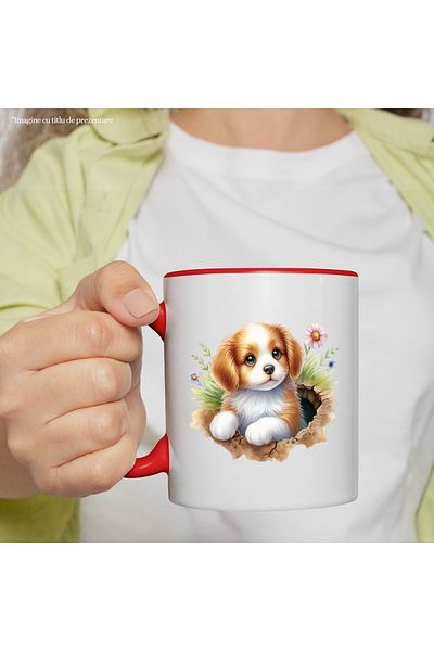 StoryGift Romania Mug with a puppy coming out of a hole in the ground | illustration | surprised | timi, With ,STG