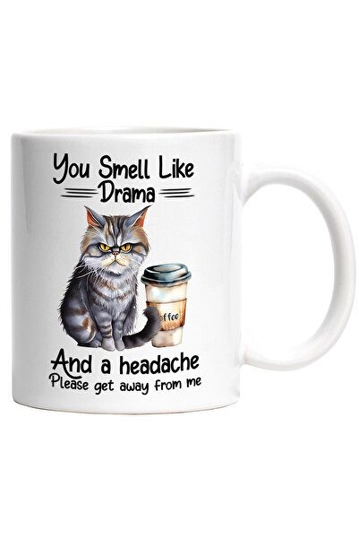 StoryGift Romania Irritated cat mug with the message "You smell like drama an...