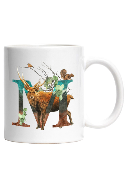 StoryGift Romania Cana Cu Litera, M, Cerb, Veverita, Multicolor 330 ml, Ceramica cu Maner Alb, Cu Maner Alb