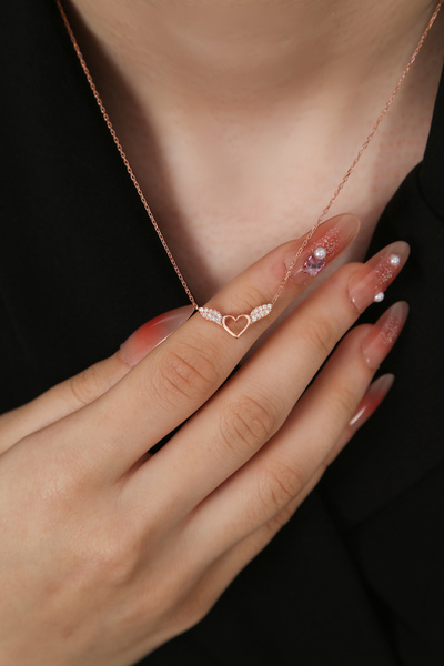 Sanem silver Melek Kanatlı Kalp Kolye,925 Ayar Gümüş Üzeri Rose kaplama,Kalp Kolye,Melek Kolye,Sevgili Kolye