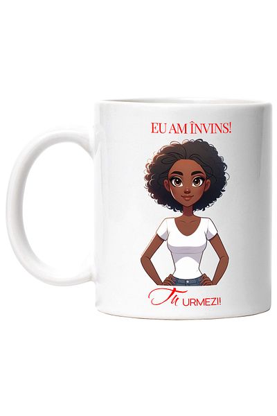 StoryGift Romania Cana Mesaj Motivational Fata Afro Eu Am Invins Tu Urmezi, 330ml, Ceramic cu Mane, Cu Maner Alb