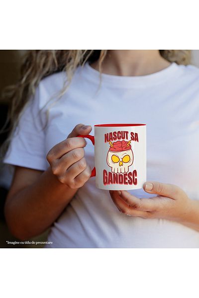 StoryGift Romania Mug Born to Think Skull with Genius Brain, 330ml, Ceramic with Red Handle, With Handle, STG
