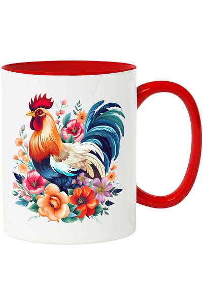 StoryGift Romania Mug with a rooster that has many flowers around it | nature | plants | bird | 330ml, With Red Handle