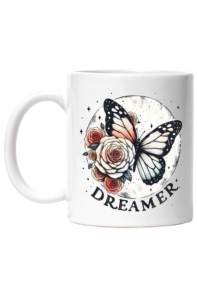 StoryGift Romania Cana cu mesajul "Dreamer", ilustratie, motivational, fluture, trandafiri, visato, Cu Maner Alb